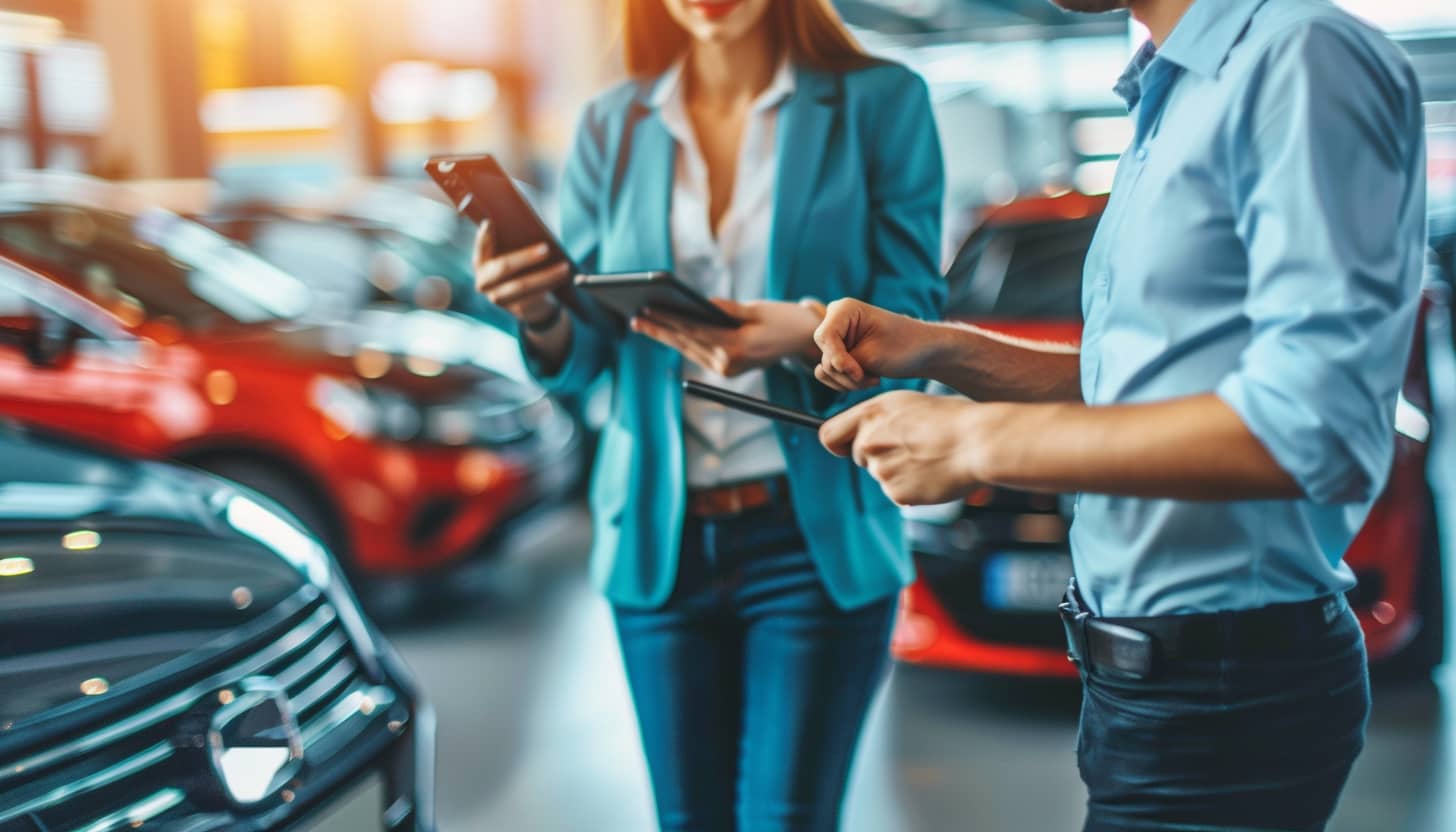 una asesora de compra venta de coches ayuda a un cliente con el papeleo de un coche que acaba de comprar